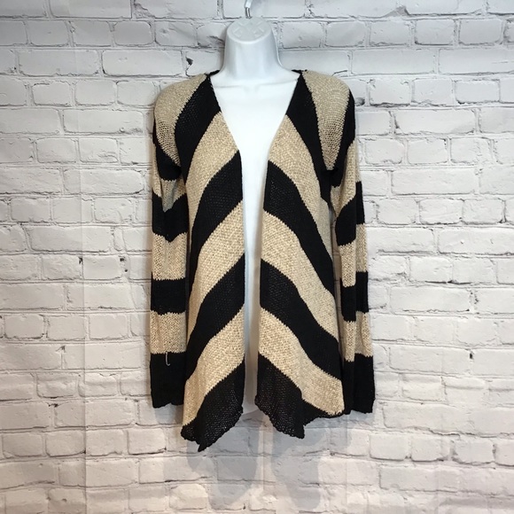 TCEC SWEATER OPEN FRONT CARDIGAN CHEVRON PRINT BLK NUDE OPEN WEAVE SZ MED - Picture 1 of 8